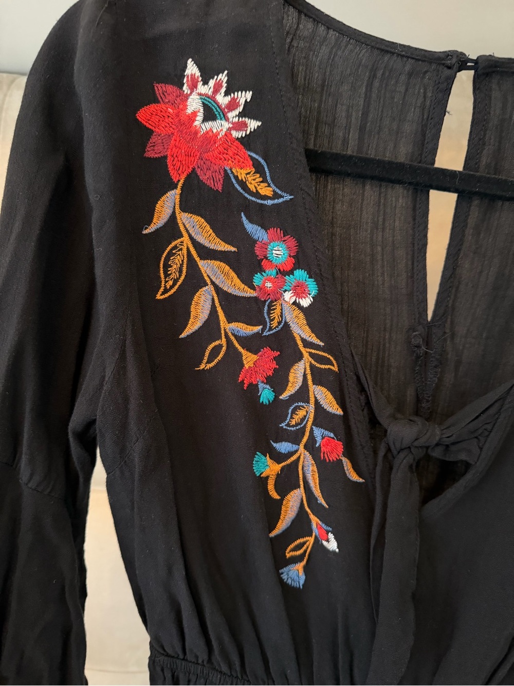 Boho Embroidered Black Romper Bell Sleeve Festival Style Small - Picture 7 of 9